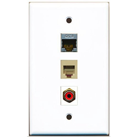 RiteAV - 1 Port RCA Red and 1 Port Phone RJ11 RJ12 Beige and 1 Port Shielded Cat6 Ethernet Wall Plate