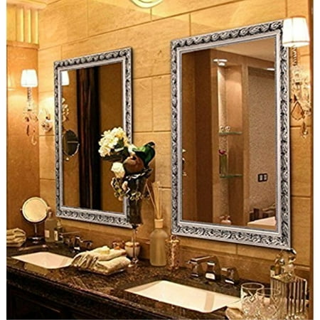 Large Rectangular Bathroom Mirror Wall Mounted Wooden Frame Vanity Silver 38 X26