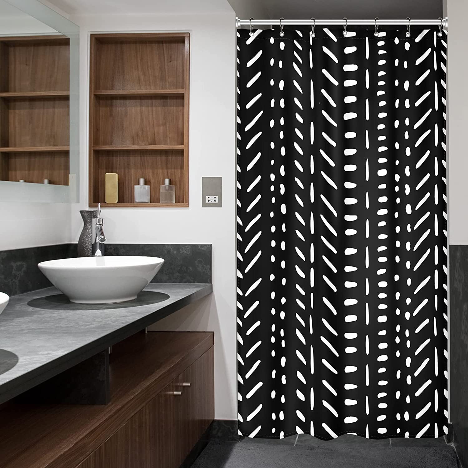 Boho Black Stall White Small Half Size Dorm Shower Curtain 36x72 Inch Chevron Geometric Herringbone Striped Single Narrow Tiny Walkin Stand Up Decor Fabric Bathroom Set Polyester Waterproof