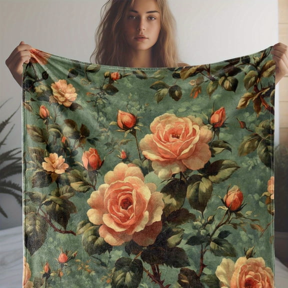 Luxurious Vintage Rose Floral Print Throw Blanket Cozy Soft Flannel with Deep Green Background Ideal for Sofa Bed Car Office Camping & Travel Lightweight Warm