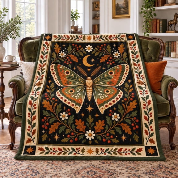 RosaHome Vintage Moth Botanical Flannel Blanket Cottagecore Fall Throw