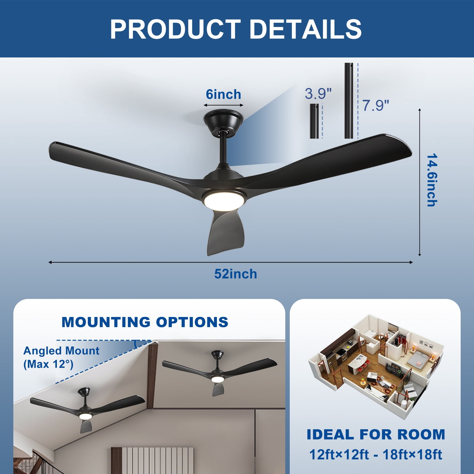 DingLiLighting Modern Ceiling Fan with Lights: 52-Inch Black Flush Mount Ceiling Fan with Remote APP Control - Dimmable 3-Blade Fans for Indoor Outdoor 24W 3CCT Dimmable Timer DC Motor