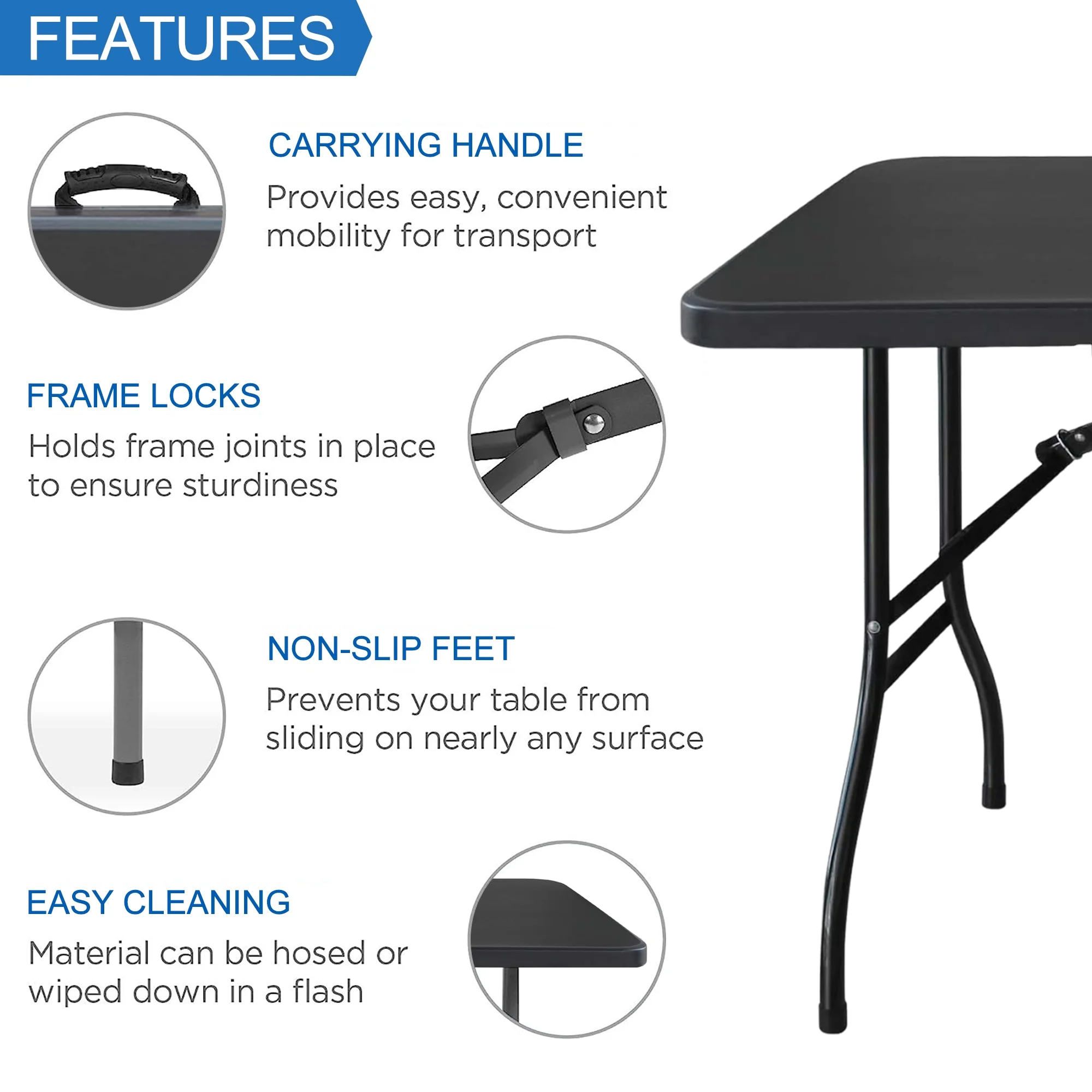 Leumius 6 Foot Folding Table,Fold-in-Half Plastic Table,Indoor Outdoor Picnic Party Dining Camp Tables,Black