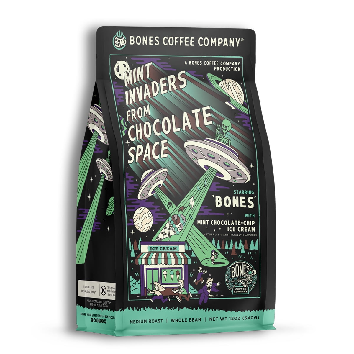 Bones Coffee Medium Roast Whole Bean Coffee 12 oz Mint Invaders Mint