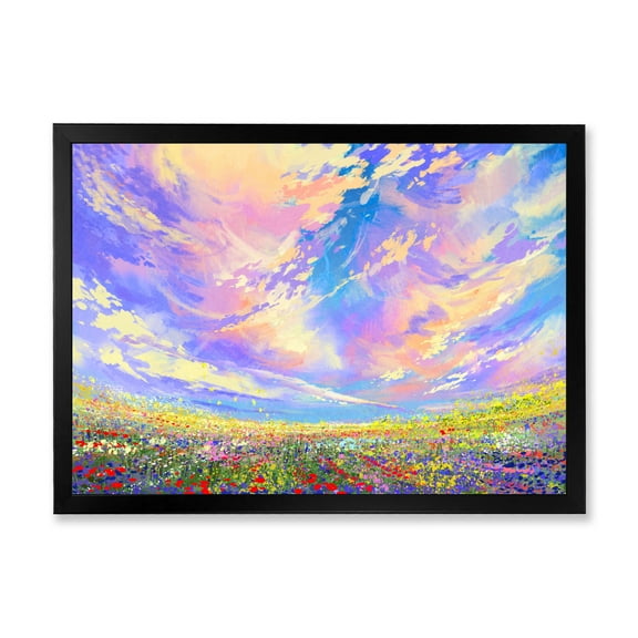 Designart 'Gorgeous Clouds Over Colorful Flowers In Field' Traditional Framed Art Print