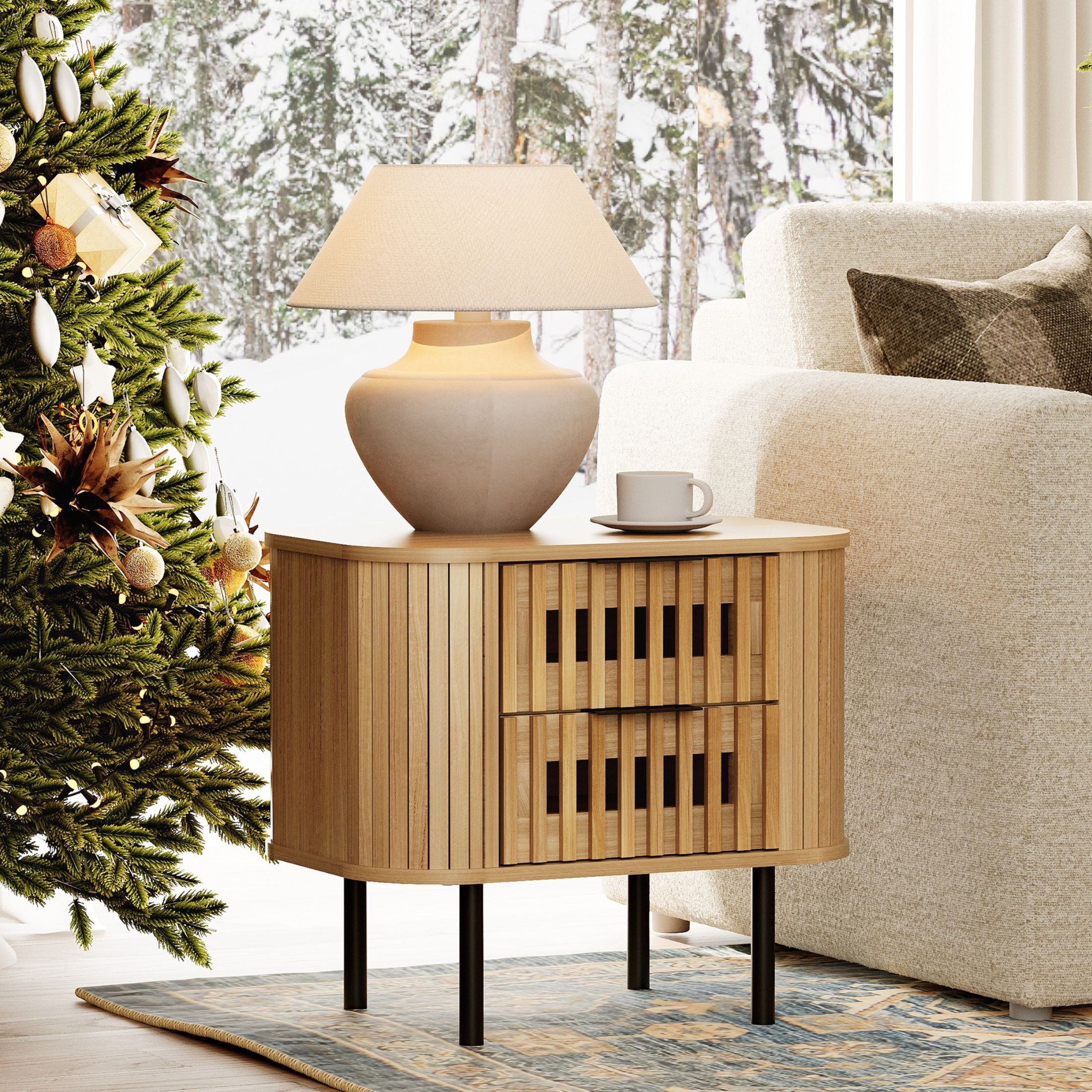 WAMPAT Fluted Nightstand with 2 Drawers, Wooden End Table, Modern Storage Bedside Table for Bedroom, Living Room, Oak