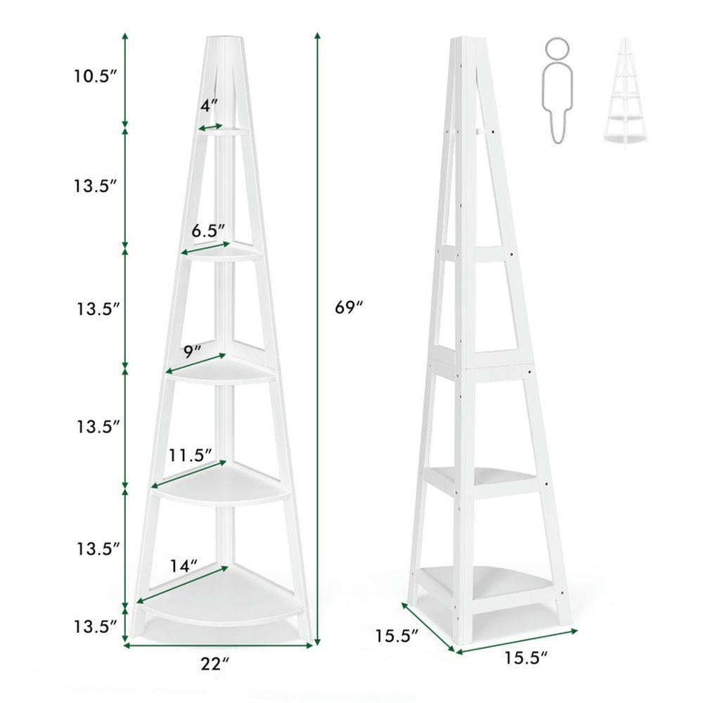 Demi Bonn 5-Tier Modern Corner Bookshelf, Bookcase Shelf with Strong Wooden Frame, Wall-Leaning Display Storage Stand Rack, White