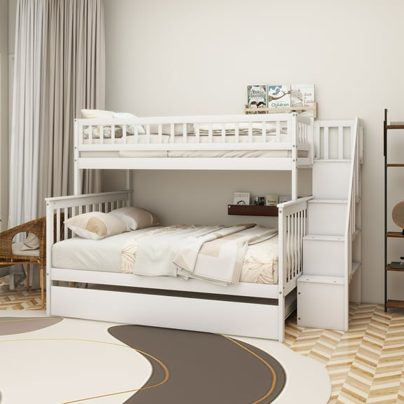 Twin over Full Bunk Bed with Trundle and Staircase,White