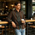 thumbnail image 3 of Lapel Collar Gingham Check Long Sleeve Button Up Shirt for Men Regular Fit Stretch Soft Fabric Wrinkle Free Business Work Casual Autumn Outdoor Outfits L, 3 of 6