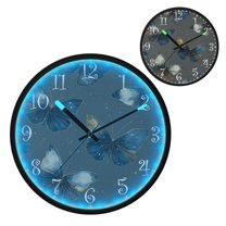 Voice Activated Clock with Glow Light 12 Inch Large Silent Wall Clock Battery Operated for Home Decor Brown-blue Butterfly Pattern