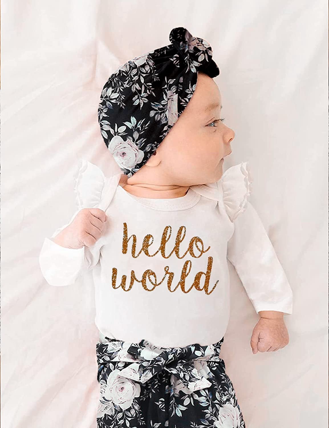 Newborn Infant Baby Girl 4PCS Clothes Romper Pants Set Floral Autumn Outfits Cute Baby Clothes Girl 0-3 Months