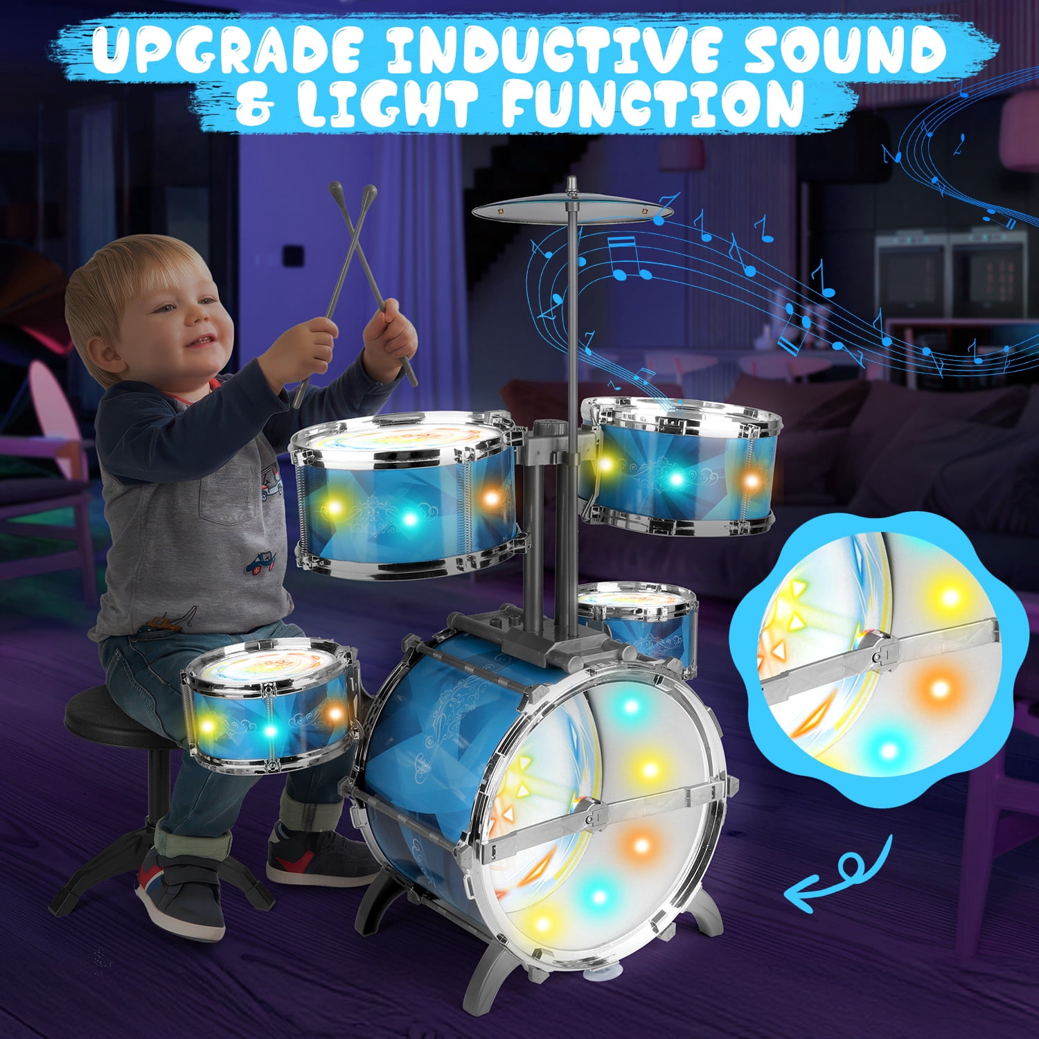 Carsky Kids Rock Drum Kit for Toddlers, Upgraded Induction Light Jazz Drum Set w/ Stool, Educational Music Beginner Instrument Toy for Boys & Girls Age 3 4 5 6