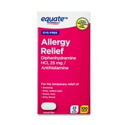 Equate Dye-Free Allergy Relief Diphenhydramine HCl 25mg Antihistamine, 100 Count Tablets, Compare to Benadryl® Allergy Ultratabs® Active Ingredient