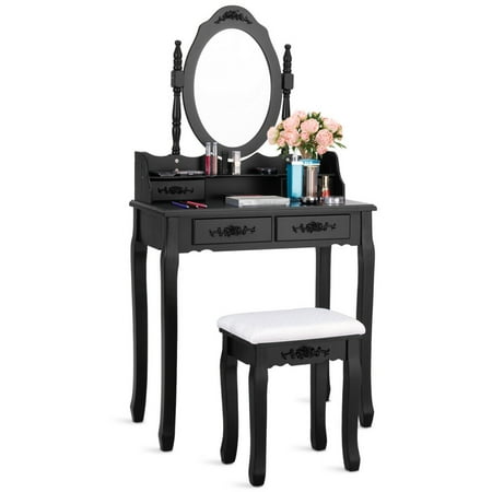 Wood Makeup Dressing Table Stool Vanity Set Bedroom Mirror 4