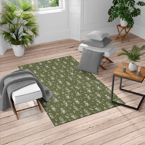 Owl Turkish Area Rug, Cartoon Style Illustration of Birds on the Branches Mysterious Woods Print, Soft Carpet for Living Room Decor with Distressed Look, 4' X 5.7', Olive Green, by Ambesonne