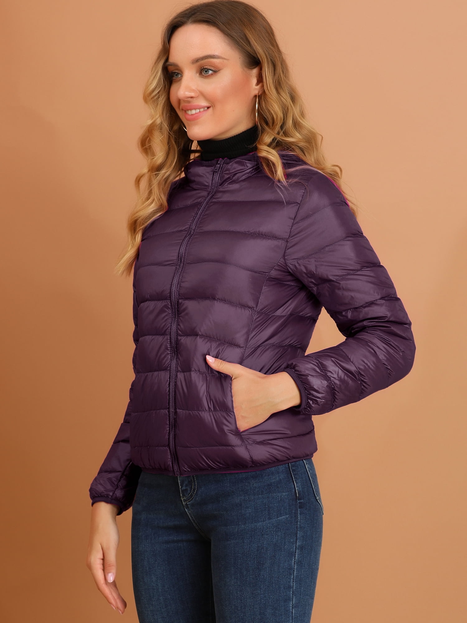 DARING DIVA Women's Hooded Zip Up Short Down Lightweight Jacket XL Purple