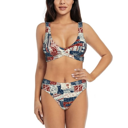 Zeuib Marine Sailing High Waisted Tummy Control Bikini Set - Knot Front Push Up Top & Cheeky Thong Bottom  Two-Piece Swimsuit for Women-Small