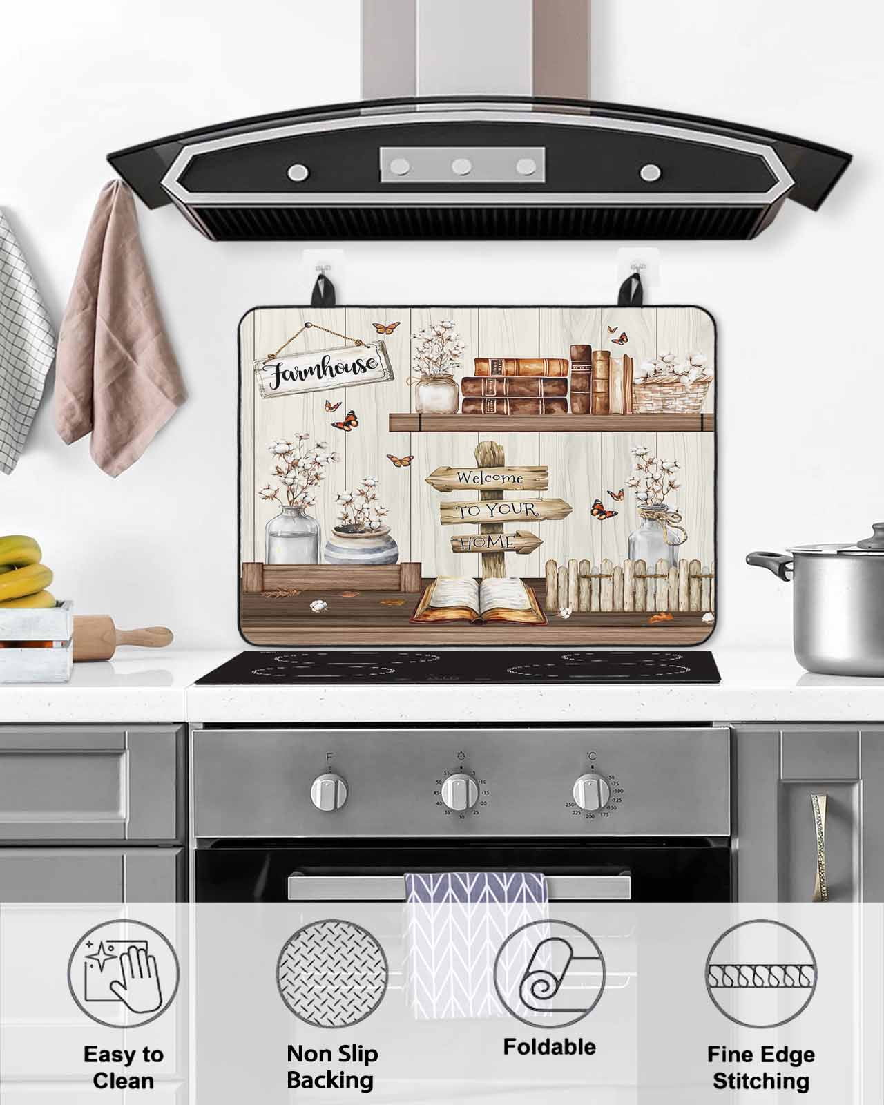 nqOlkjepod Large Induction Cooktop Protector Mat 24"x21", Farmhouse Vintage Stove Top Covers for Electric Stove, Country Cotton Book Butterfly Art Stove Burner Cover Mats, Glass Top Stove Cover
