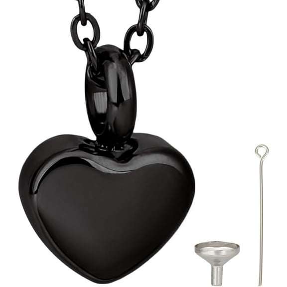 Heart Cremation Urn Necklace for Ashes Keepsake Cremation Jewelry Mini Black Urn Necklace Stainless Steel Memorial Pendant with Cable Chain Funnel Pin Waterproof for Human Pet 17x12mm
