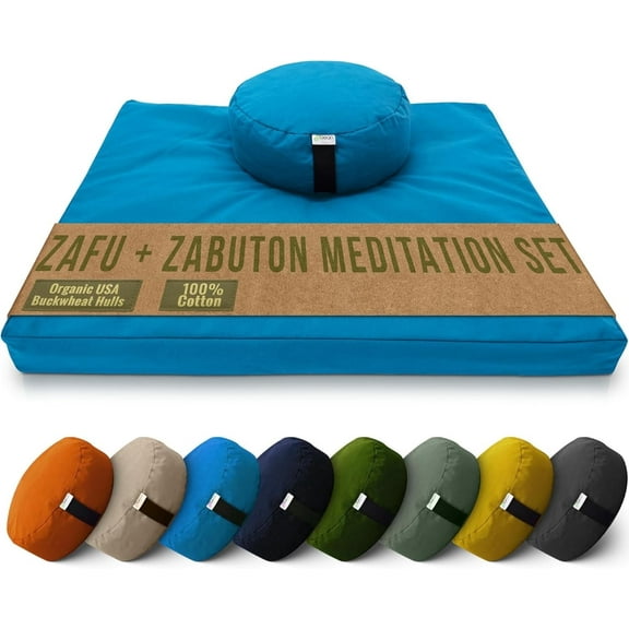 Cotton Meditation Cushion and Mat Set - Organic Buckwheat Filled Round Zafu Meditation Pillow and Cotton Filled Zabuton Floor Pad - Made in USA, Aqua