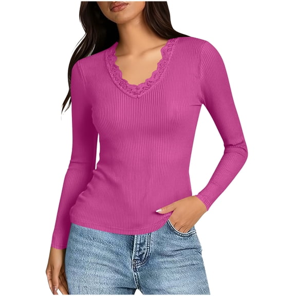 TKLPEHG Long Sleeve Shirts for Women Fitted Lace Patchwork Slim-Fit Soft Stretch T-Shirt Solid Color Spring Lightweight Ladies Tops Soft V-Neck Shirt (Hot Pink,L)