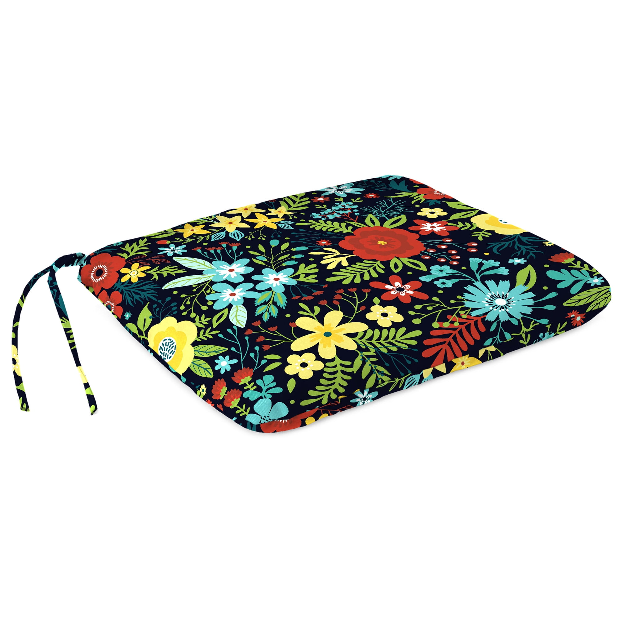 Jordan Manufacturing 16" x 16" Black Floral Square Outdoor Chair Pad Seat Cushion with Ties (2 Pack)