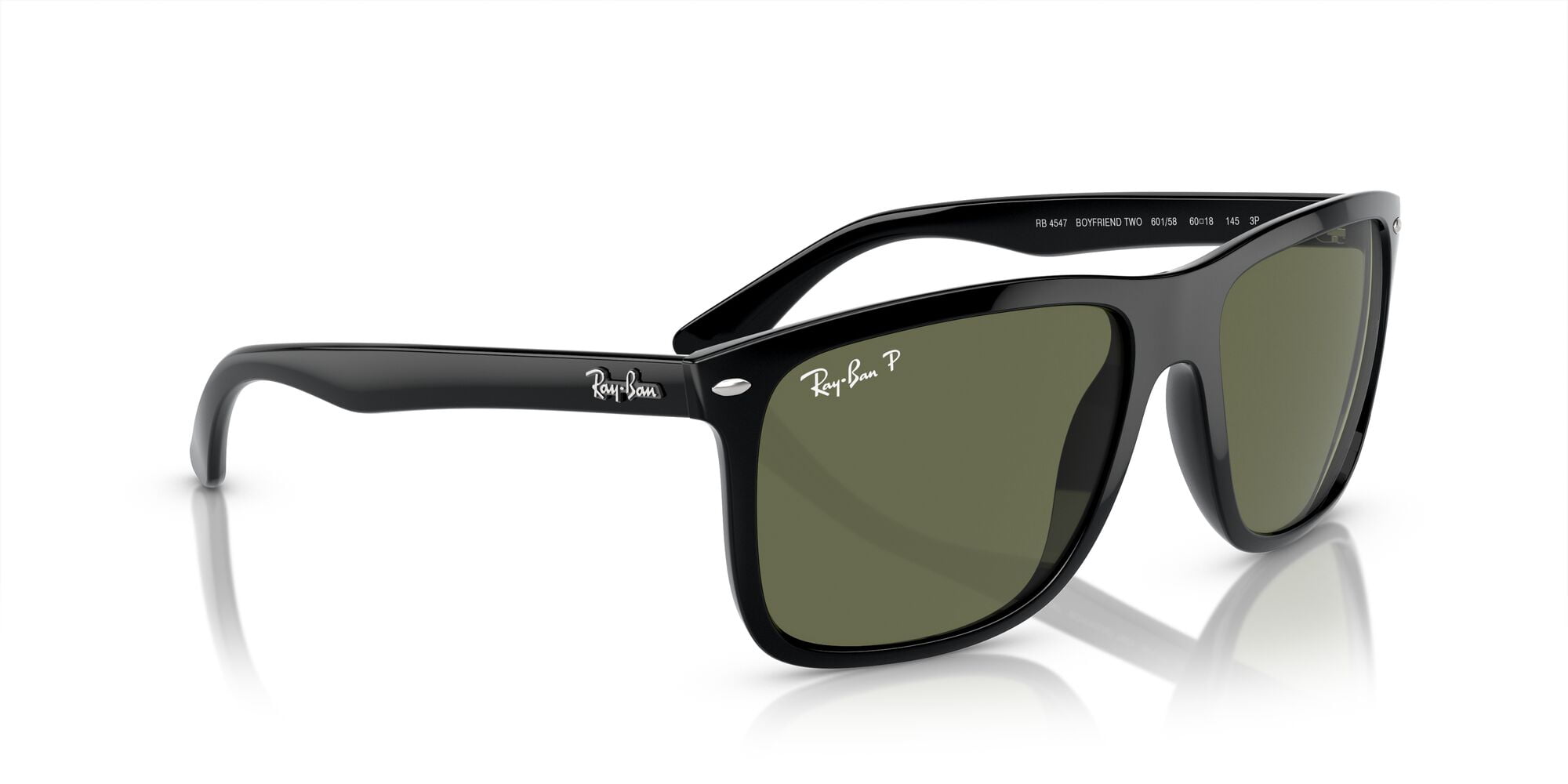 Ray-Ban Boyfriend Two Sunglasses with Polished Black Frames and Green Polarized Lenses, Size 60