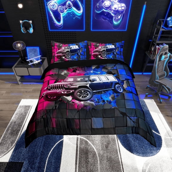 Erosebridal Black Sport Car Comforter Cover Twin,Geometric Plaid Bedding Twin Size,Extreme Sports Duvet Cover Twin,Microfiber Buffalo Room Decor,Reversible,3pcs(No Comforter)