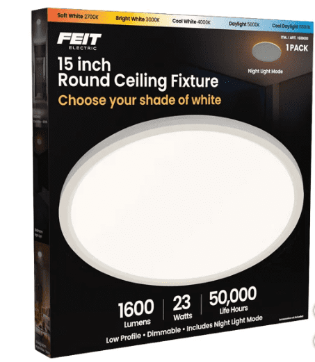 Feit Electric 15 in LED Flush Mount Ceiling Light with Night Light, Dimmable 1600 Lumens, 5 Color Temperatures Adjustable, Low Profile Round Fixture