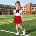thumbnail image 2 of Girls Sailor Uniform 2-Piece Set Cheerleader Style Short Sleeve Top with Bow + Pleated Skirt for Kids Back to School Performances Stage Show(Red-Skirt,9-10 Years), 2 of 9