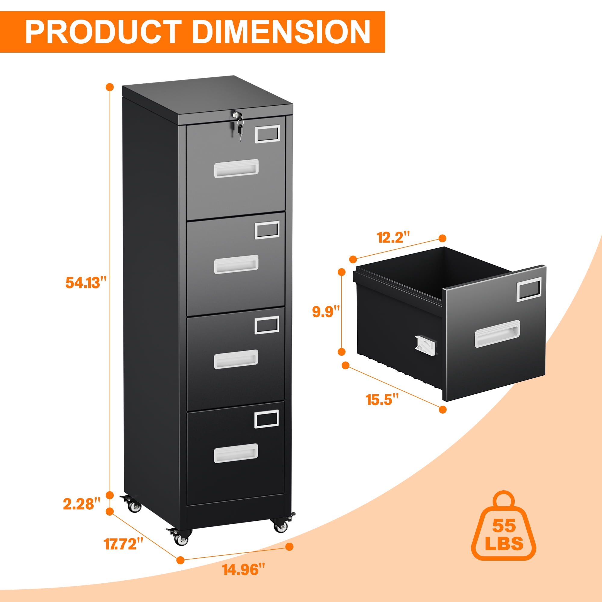 HUAXRON 4 Drawer Lockable File Cabinet with wheels, Metal Office Vertical File Storage Cabinet for A4 Letter/Legal Size, Assembly Required (Black)