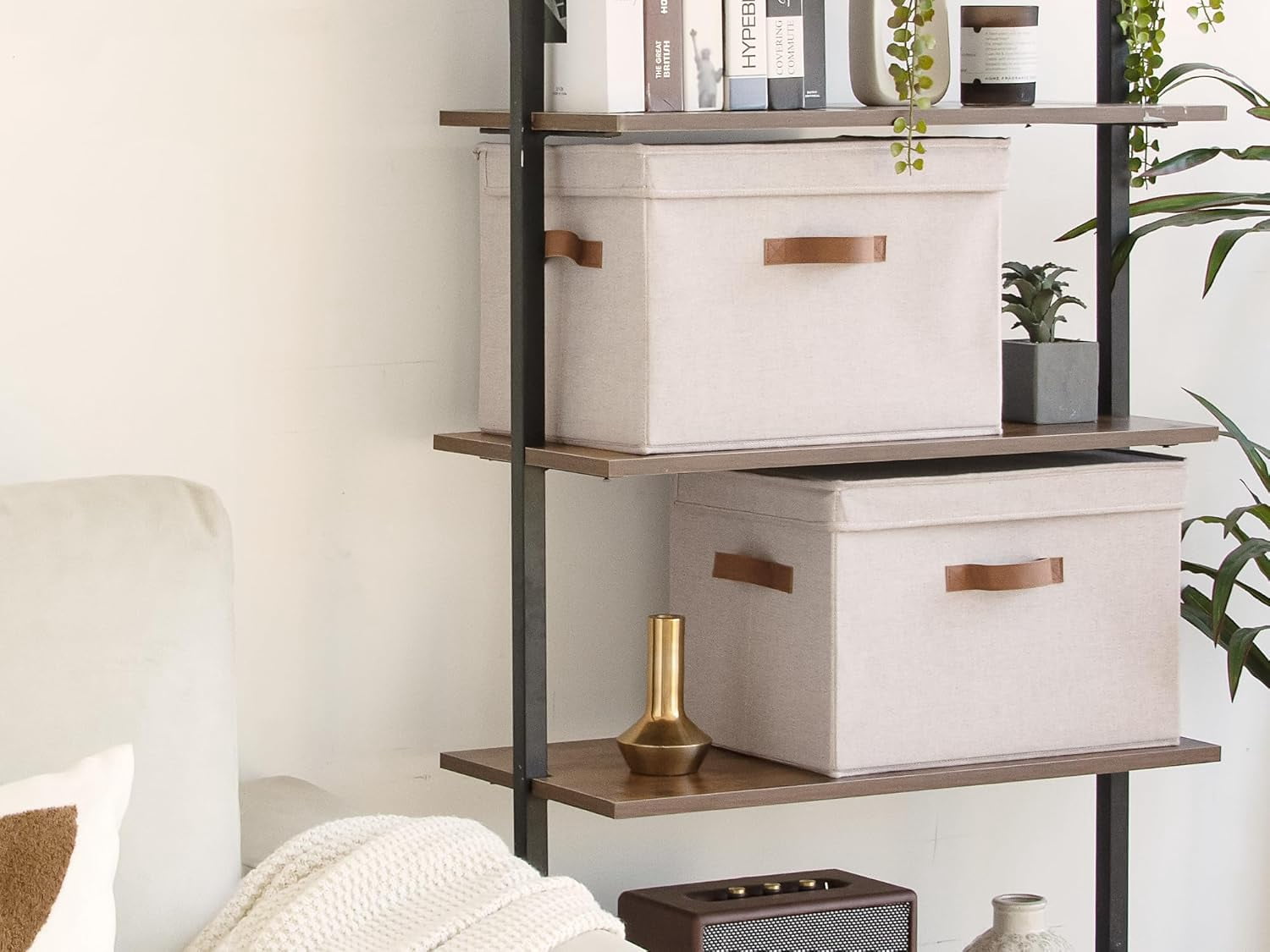 StorageWorks Fabric Storage Bins with Lid, Decorative Storage Boxes for Shelves with Handles, Jumbo, 2-Pack, Brown and Beige