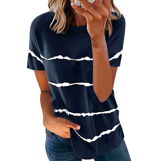 Camisetas de manga corta de verano tipo suelto con estampado de rayas y cuello redondo para mujer