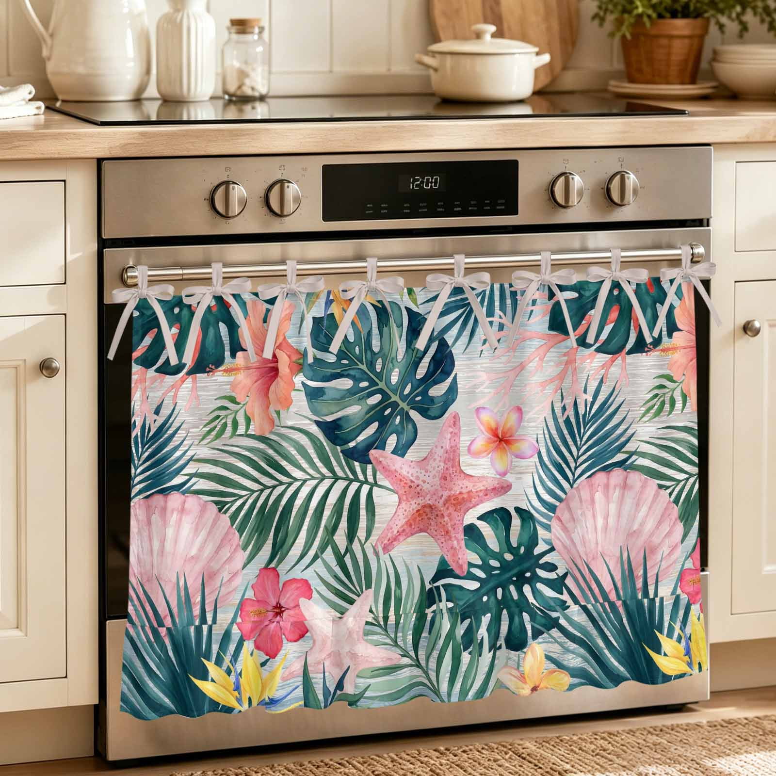 Oven Skirt Curtain for Kitchen 24x32 Inch Summer Coastal Oven Curtain with 8 Ribbon Ties & Ruffle Trim Stove Skirt Curtain Dishwasher for Cabinets Sinks Palm Leaves Botanical Starfish Shell Beach