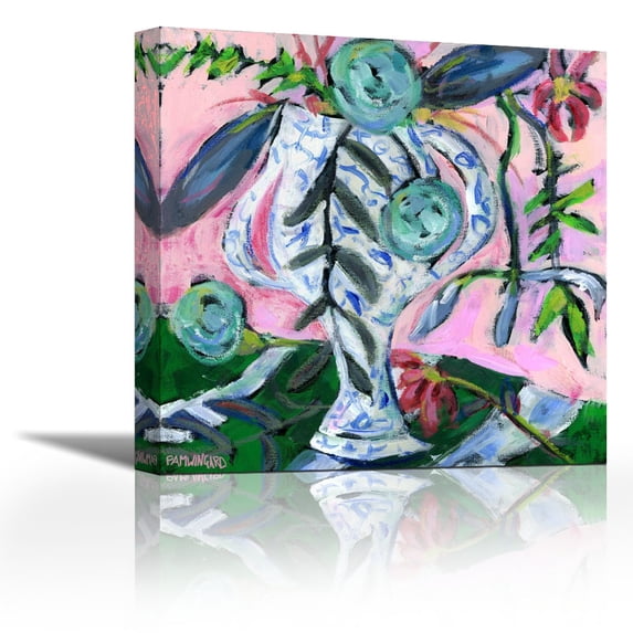 Blue and White with Pink II - Contemporary Fine Art Giclee on Canvas Gallery Wrap - wall décor - Art painting - 27 x 27 Inch - Ready to Hang