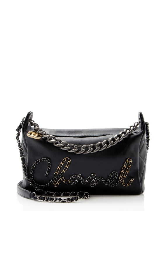 Pre-Owned Chanel Lambskin Written In Chain Hobo