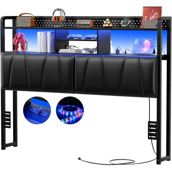 iSunirm Queen Size Upholstered Headboard with Power Outlets, USB Ports & RGB LED Light, Comfy Leather Headboards with Storage Shelf, Sturdy Queen Bed Headboard for Bedroom/Dorm Room, Black