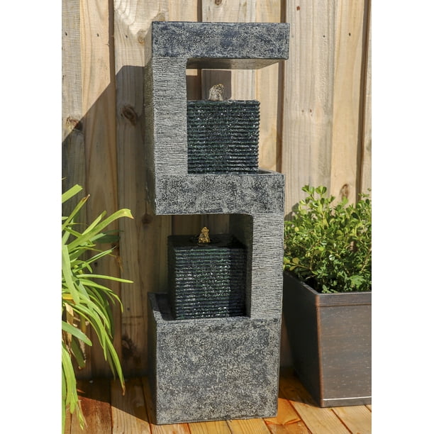 Flame 35 Inch Height Black Grey And Cream Outdoor Floor Fountain Com Outdoor Floor Fountain, Dane Resin Outdoor Floor Fountain With Light Fixture