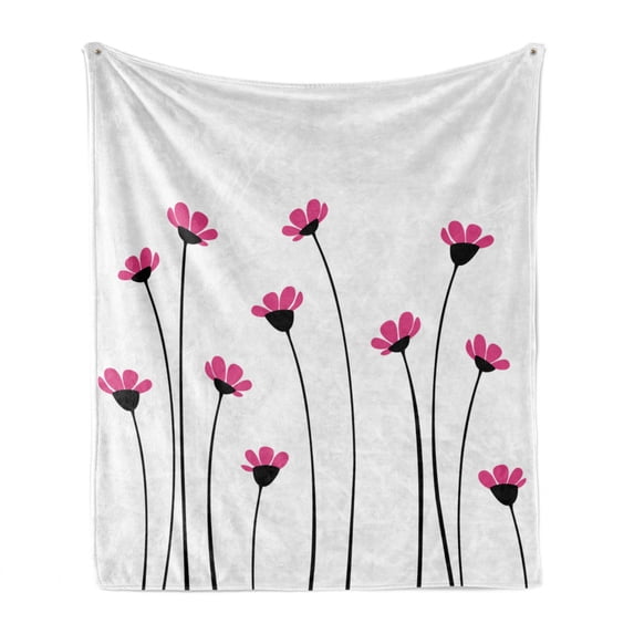 Garden Soft Flannel Fleece Blanket, Pink Daisy Blossoms Flowery Field Meadow Inspired Romantic Scenic Nature Print, Cozy Plush for Indoor and Outdoor Use, 50" x 70", Pink Black White, by Ambesonne