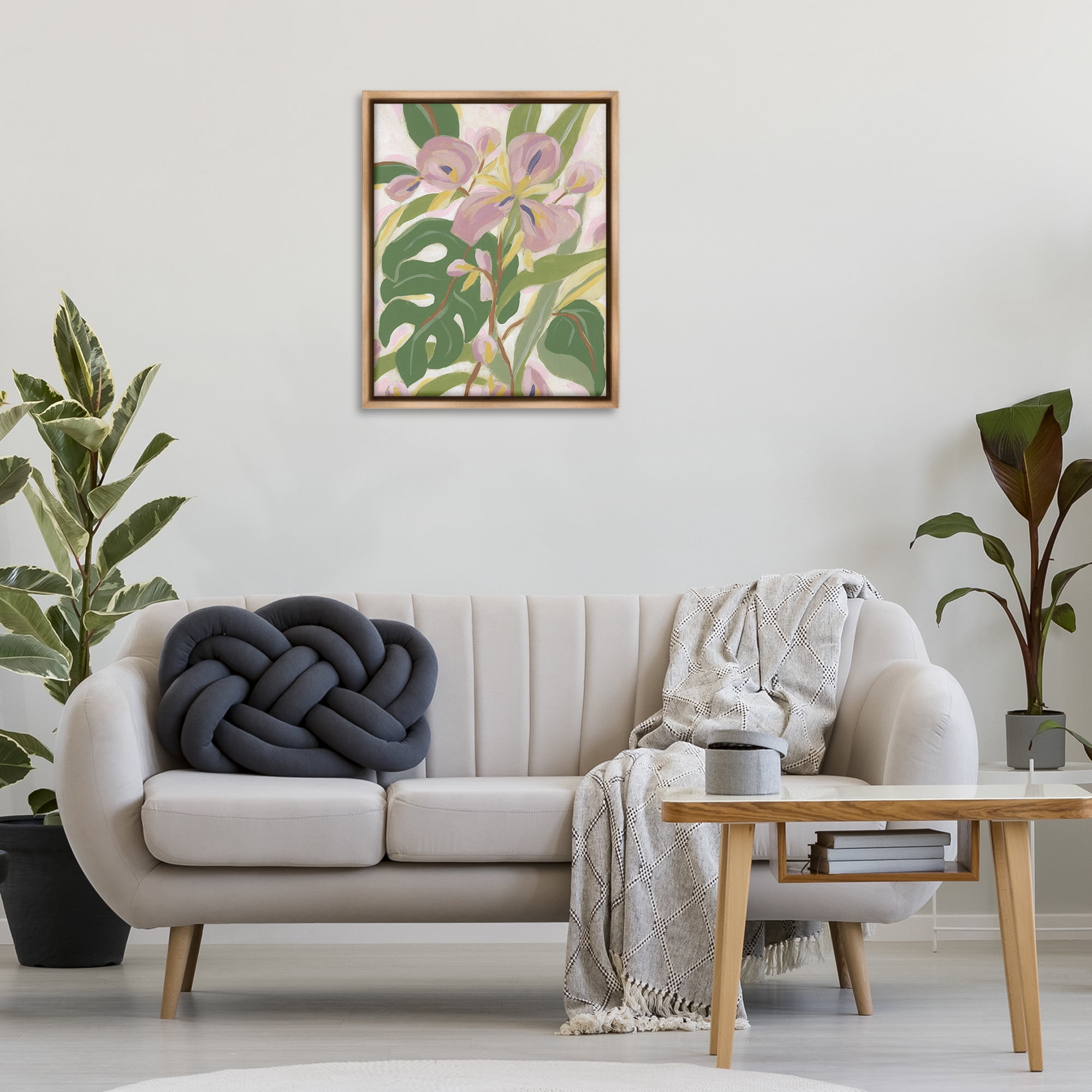 Stupell Industries Monstera & Pink Flower Plants & Flowers Painting Brown Floater Framed Canvas Art Print Wall Art, 25 x 31