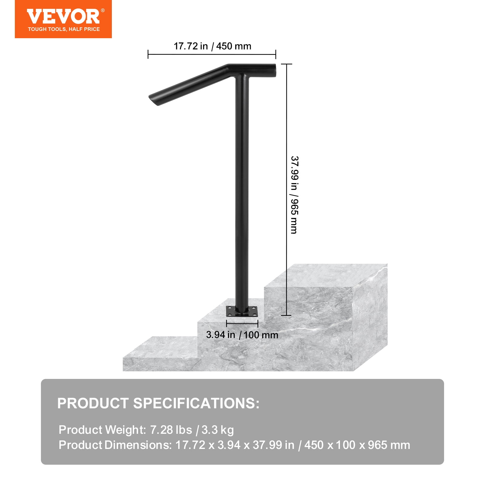 VEVOR Single Post 1-2, Black Steel Railing 441LBS Capacity Baking Varnish Iron Stairs Stylish Handrails for Outdoor Steps with Expansion Bolts & Drill Bit