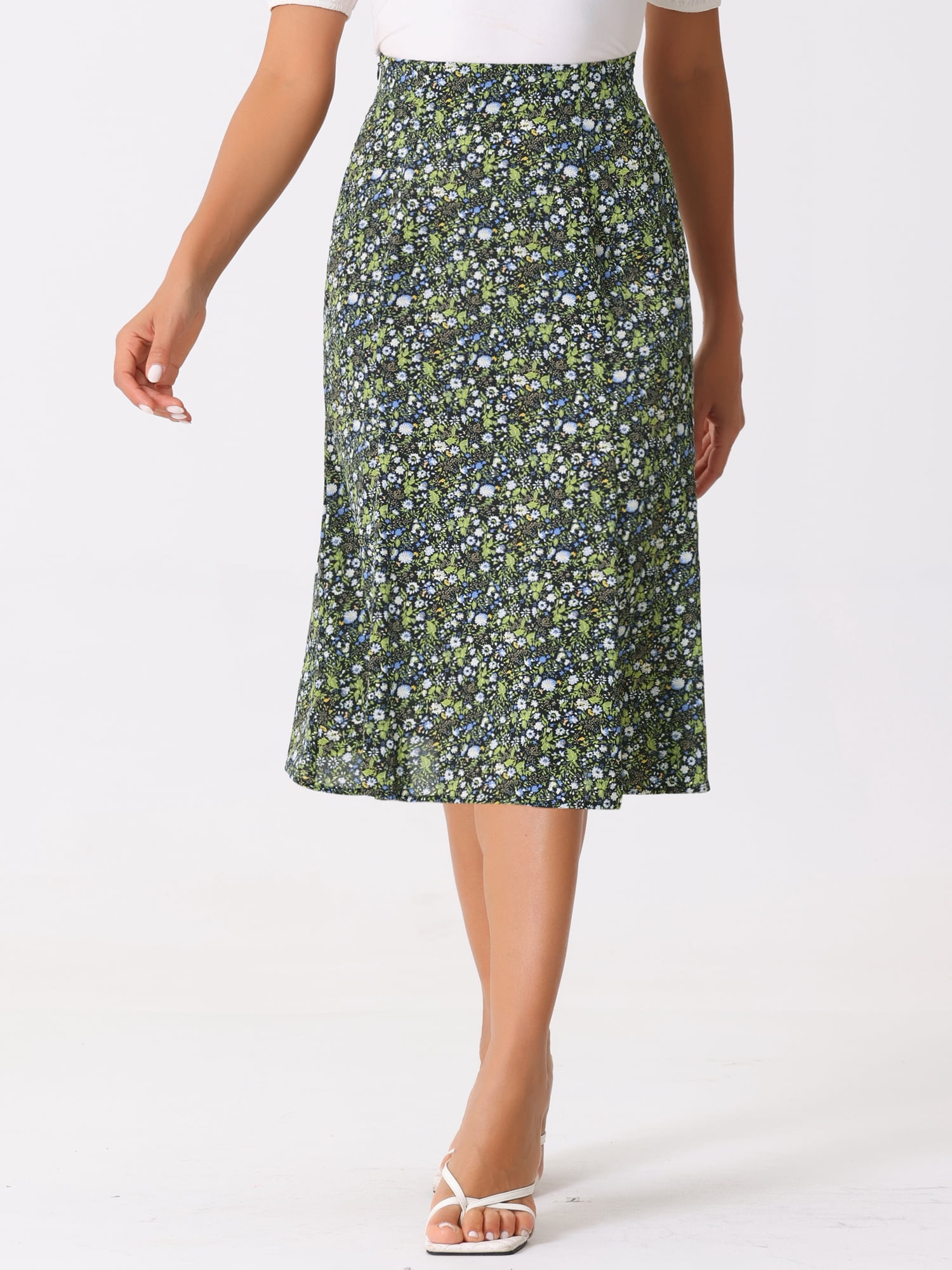 DARING DIVA Women's Elastic Waist A-Line Floral Print Midi Skirt L Black Green