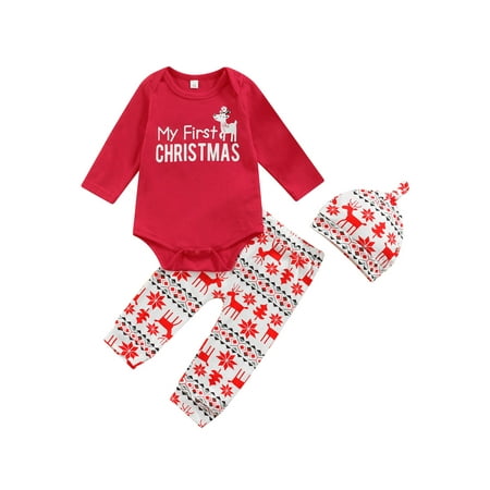 

Calsunbaby 3Pcs Infant Christmas Outfits Baby Girls Letter Print Long Sleeve Round Neck Romper Long Trousers Set with Knotted Cap