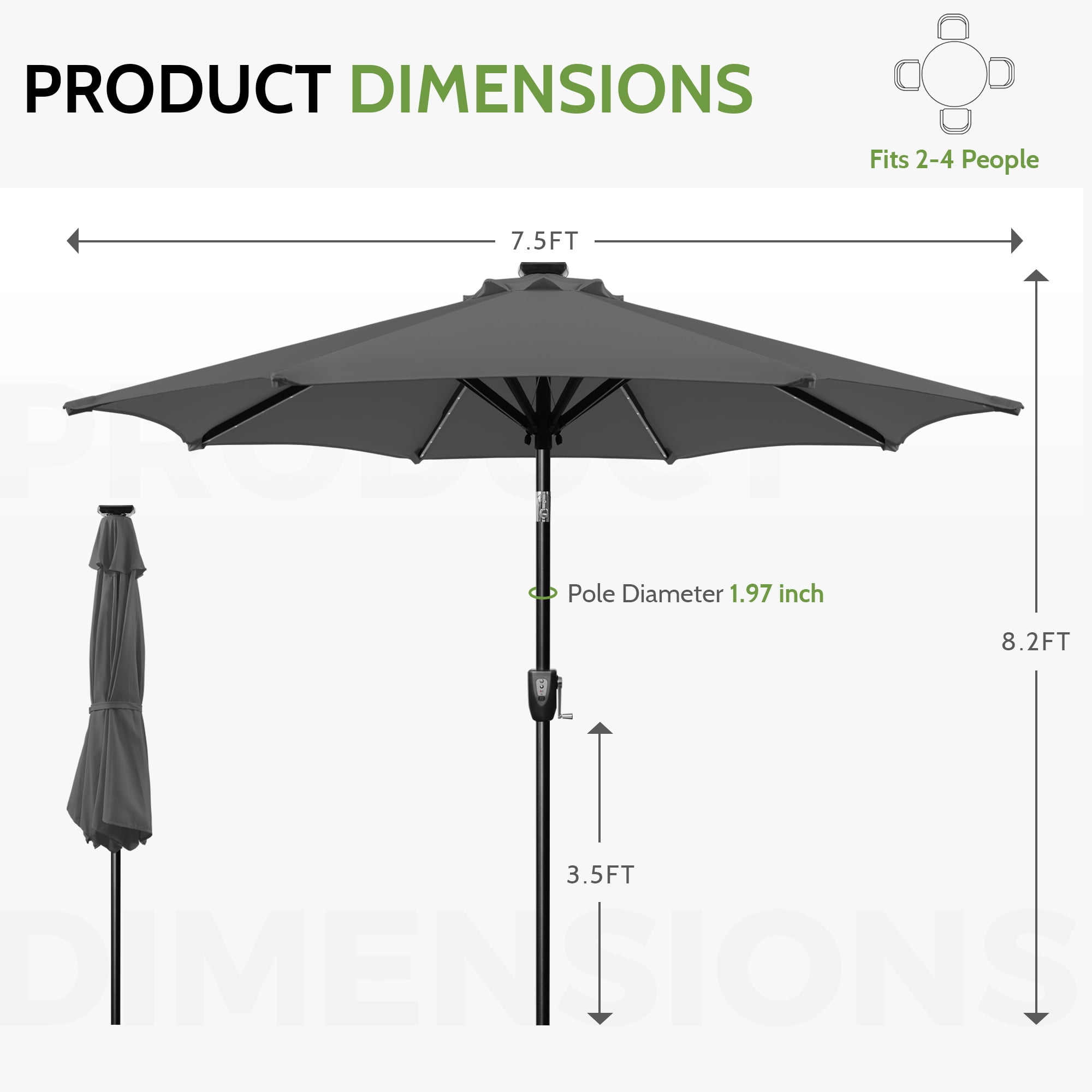 Scafild | 7.5ft Outdoor Patio Umbrella with Solar Lights, Outdoor Market Umbrella with Colorful LED Lights and Tilt and Crank - Gray