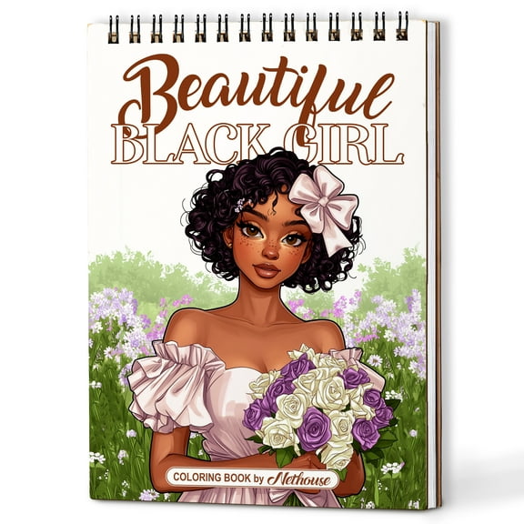 NETHOUSE Beautiful Black Girl Spiral Coloring Book for Adults, A5 Wooden Cover, 30 Coloring Pages of Gorgeous Black Women, Natural Hairstyles, Elegant Fashion and Floral Patterns