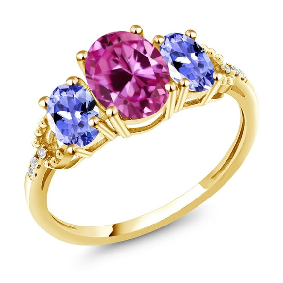 Gem Stone King 10K Yellow Gold 8X6MM Pink Created Sapphire 6X4MM Blue Tanzanite and Diamond Accent 3-Stone Engagement Ring | 2.59 Cttw | Three Stone Wedding Anniversary Ring for Women (Size 8)
