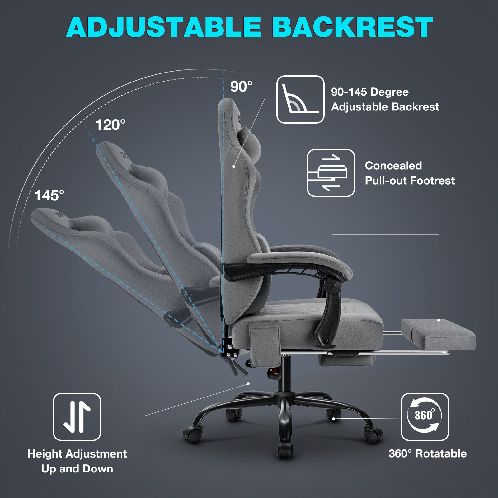 HOFFREE Gaming Chair with Massage and Footrest Skin-friendly Gamer Chairs for Adults Big and Tall Video Game Chair with Headrest and Lumbar Support for Office and Home Dark Gray