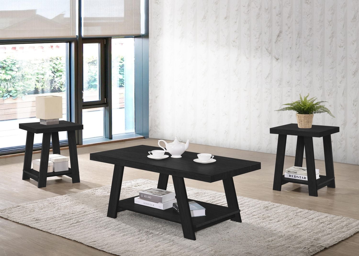 Aerys Gustine Coffee Table set with storage shelves in Black