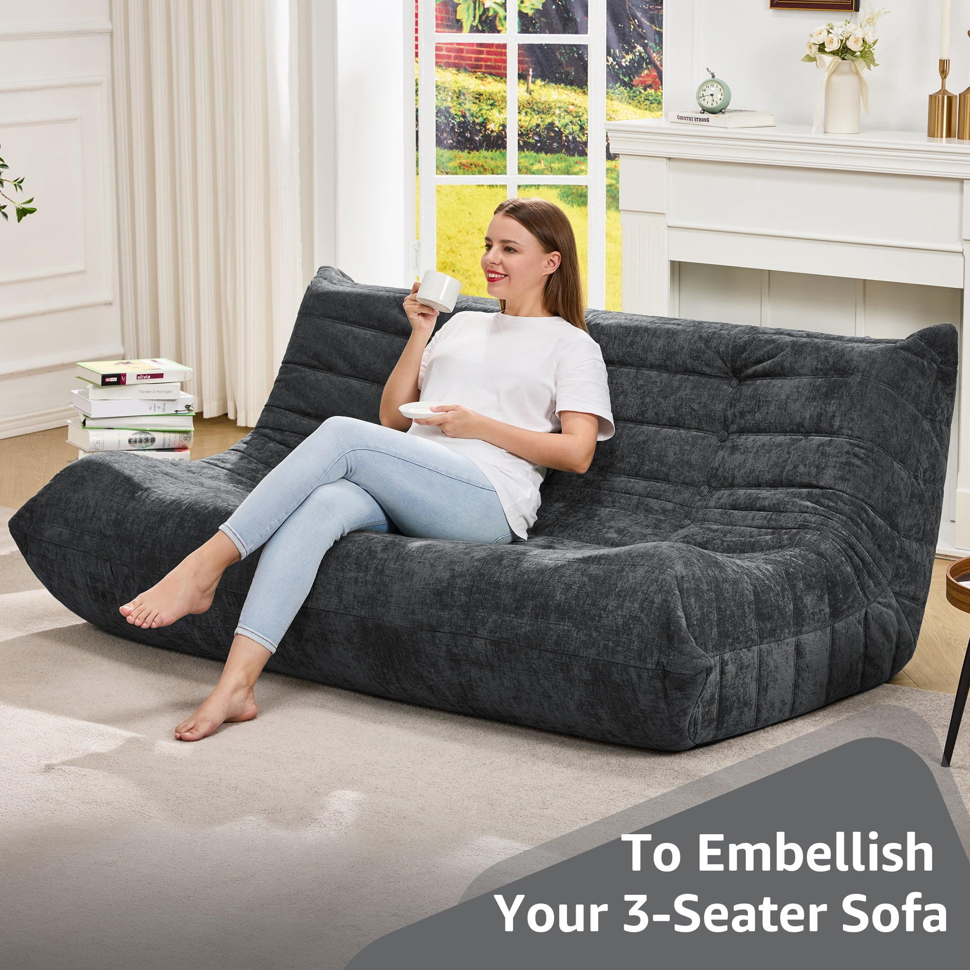 Bean Bag Chairs for Adults Giant Bean Bag Chair Memory Foam BeanBag Chair Bean Bag Sofa with Filler Faux Fur Fireside Beanbags Lazy Sofa for Living Room Bedroom Office (Darkgrey Chenille, 3-Seater)