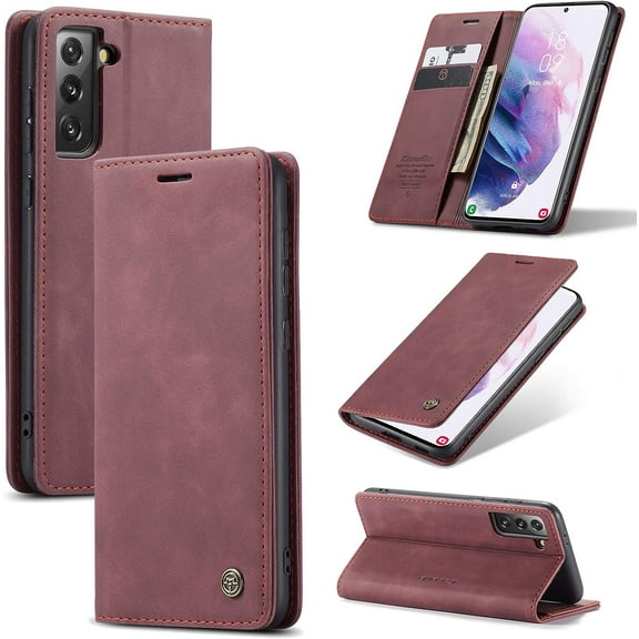 Wallet Case for Samsung Galaxy S21, Premium PU Leather Case Vintage Matte Wallet Flip Cover [Card Slots] [Magnetic Closure] Stand Function Folio Shockproof Full Protection - Red Wine